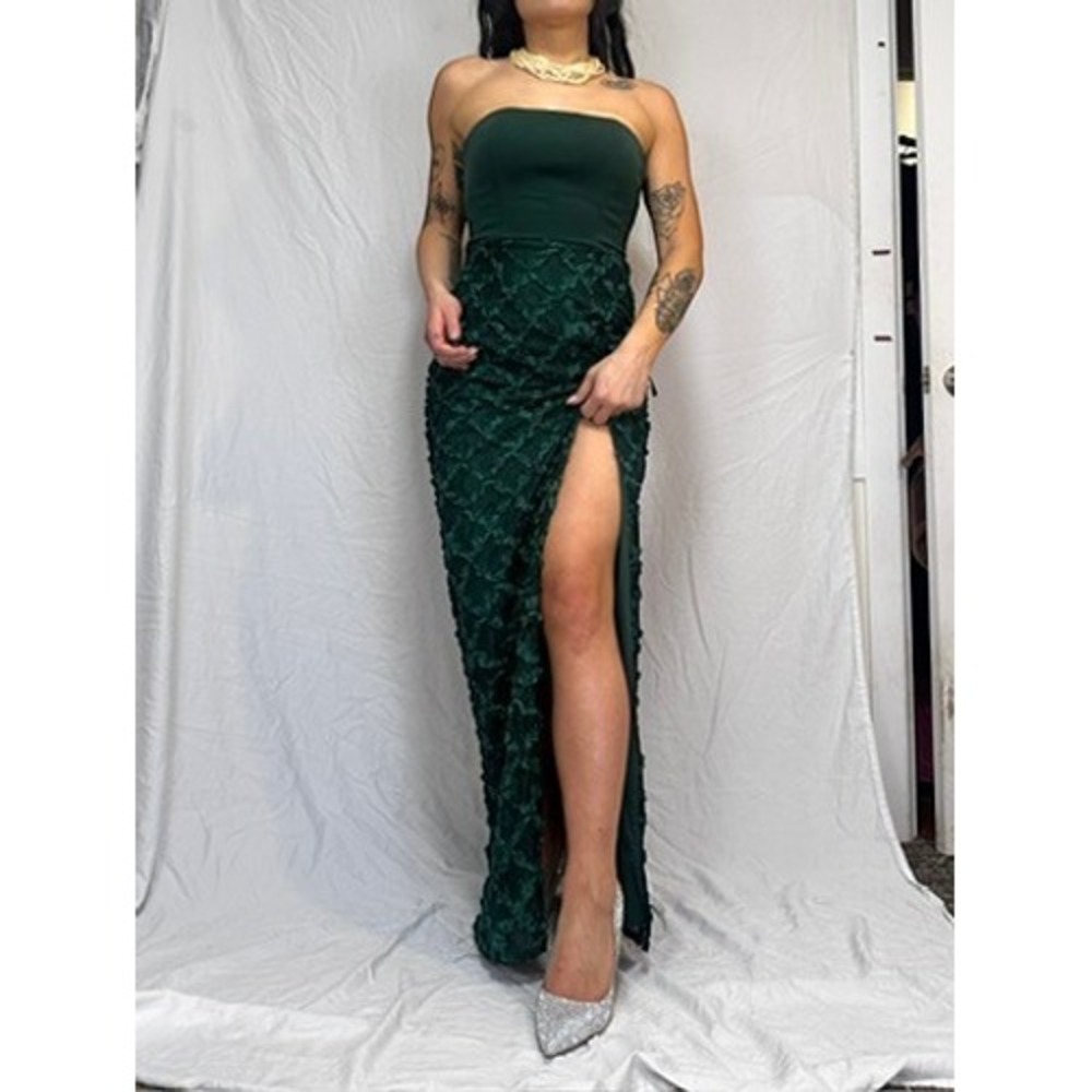 Lulus Dark Green Strapless 3D Rosette Lace Maxi Dress High Slit Gown Small NEW